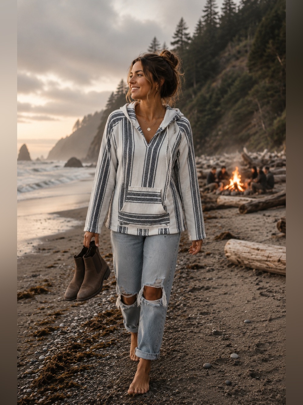 Ocean Drive - Neutral Striped Baja Hoodie Pullover Boho Coastal Lightweight
